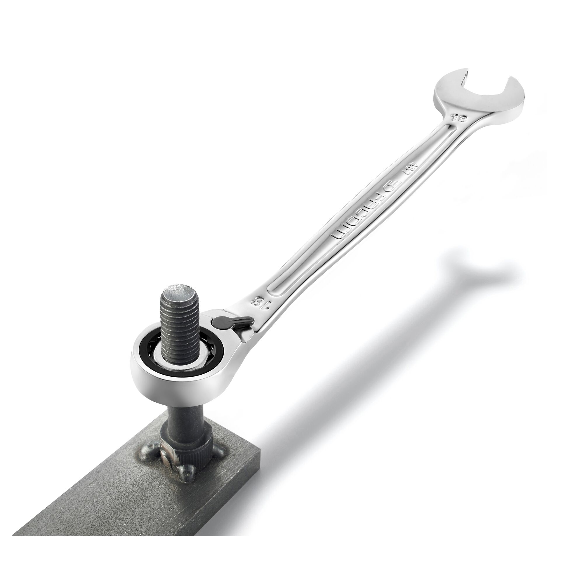 Photo of Facom 467B9 ratcheting open-end wrench applied to a bolt, angled on white background.